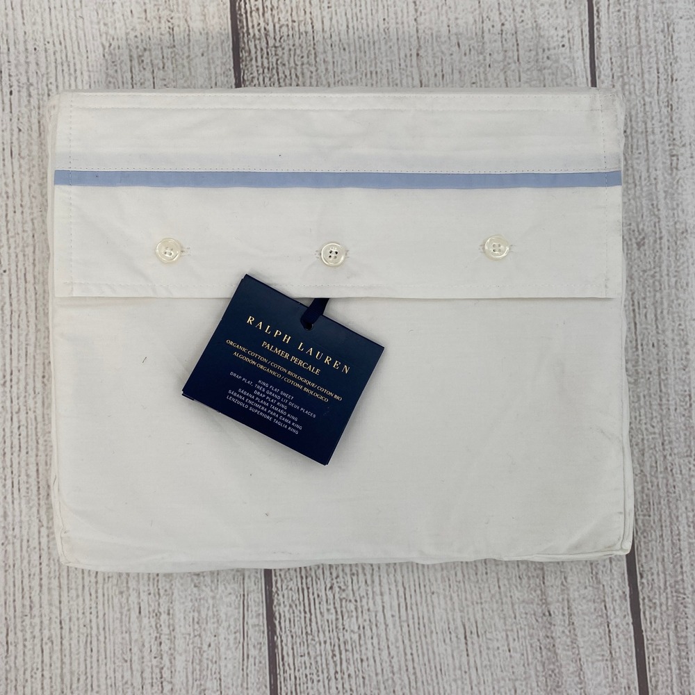 Ralph Lauren Palmer Percale Flat Sheet King White Blue Organic Cotton 464TC